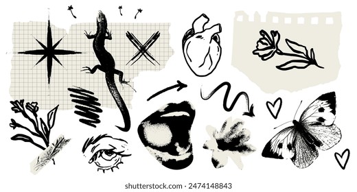 Trendy retro photocopy effect y2k elements and tattoo charcoal style drawings for poster, placard, social media. Vector trendy design elements mouth, butterfly, heart with halftone stipple effect. 