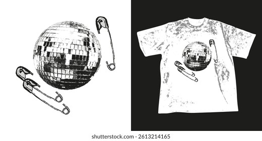 Trendy retro photocopy stipple t-shirt print design. Disco ball and safety pins with grunge punk dotted grain gritty texture. Halftone vector illustration for t shirt design, street wear, clothes