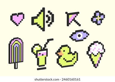 Trendy Retro Pixelated Y2k stickers. Cyber Summer Aesthetic. Naive Pixel style. Isolated graphic element, 3D Simple style voxel art. Rubber yellow duck, ice cream, heart, cocktail