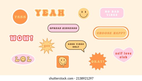 Trendy retro positive stickers set. Collection of various patches with emoticons and hippie phrases. Smile face and slang words. Vector illustration in flat style.