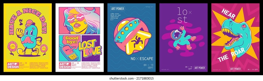 Trendy retro posters for art design exhibition with symbols of ufo, dinosaur, spaceman, mushrooms and girl with long hair. Vector banners set with contemporary comic patches