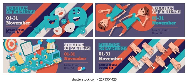 Trendy retro posters for art design exhibition with emoji, characters, technology, guy and hands symbols in cartoon style. Public comics vector banners and flyers
