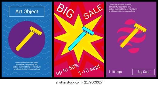Trendy retro posters for organizing sales and other events. Large mens razor symbol in the center of each poster. Vector illustration on black background