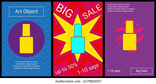Trendy retro posters for organizing sales and other events. Large nail polish symbol in the center of each poster. Vector illustration on black background