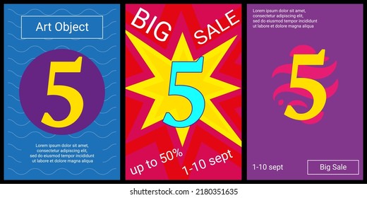 Trendy retro posters for organizing sales and other events. Large number five symbol in the center of each poster. Vector illustration on black background