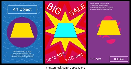Trendy retro posters for organizing sales and other events. Large trapezoid symbol in the center of each poster. Vector illustration on black background