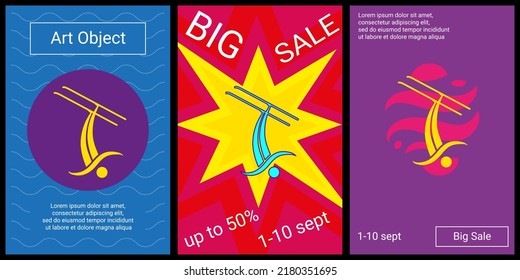 Trendy retro posters for organizing sales and other events. Large freestyle skiing symbol in the center of each poster. Vector illustration on black background