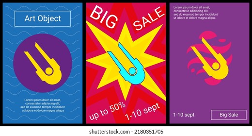 Trendy retro posters for organizing sales and other events. Large solo bobsleigh symbol in the center of each poster. Vector illustration on black background