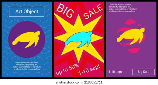 Trendy retro posters for organizing sales and other events. Large sea turtle symbol in the center of each poster. Vector illustration on black background