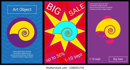 Trendy retro posters for organizing sales and other events. Large marine nautilus symbol in the center of each poster. Vector illustration on black background