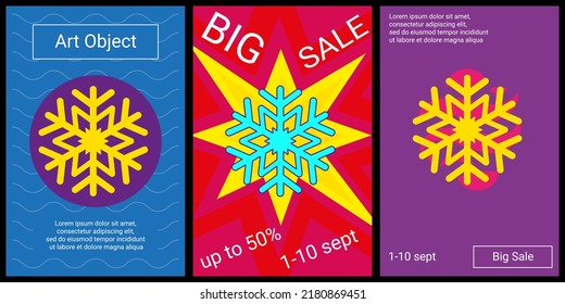 Trendy Retro Posters For Organizing Sales And Other Events. Large Snowflake Symbol In The Center Of Each Poster. Vector Illustration On Black Background