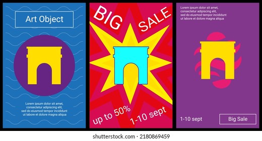 Trendy retro posters for organizing sales and other events. Large arch symbol in the center of each poster. Vector illustration on black background