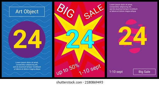 Trendy retro posters for organizing sales and other events. Large around the clock symbol in the center of each poster. Vector illustration on black background