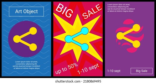 Trendy retro posters for organizing sales and other events. Large share symbol in the center of each poster. Vector illustration on black background