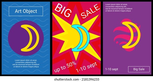 Trendy retro posters for organizing sales and other events. Large moon astrological symbol in the center of each poster. Vector illustration on black background