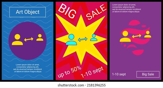 Trendy retro posters for organizing sales and other events. Large social distance symbol in the center of each poster. Vector illustration on black background