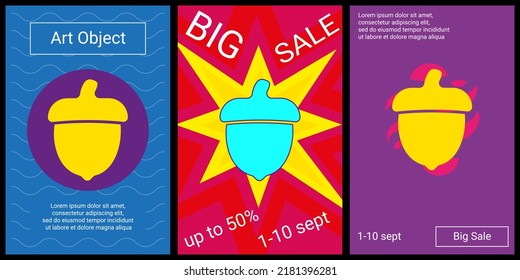 Trendy retro posters for organizing sales and other events. Large acorn symbol in the center of each poster. Vector illustration on black background