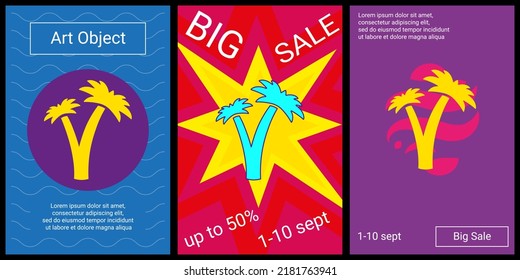 Trendy retro posters for organizing sales and other events. Large palm trees symbol in the center of each poster. Vector illustration on black background