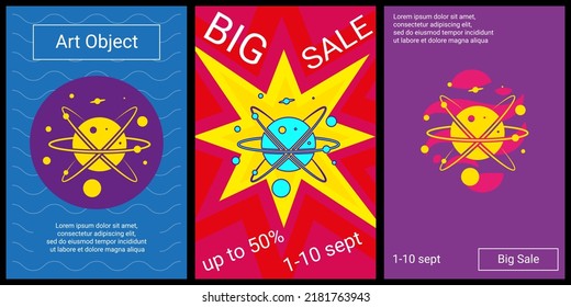 Trendy retro posters for organizing sales and other events. Large cosmic symbol in the center of each poster. Vector illustration on black background