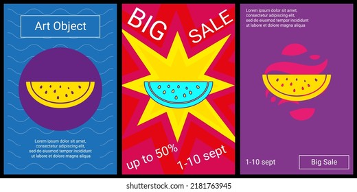 Trendy retro posters for organizing sales and other events. Large watermelon piece symbol in the center of each poster. Vector illustration on black background