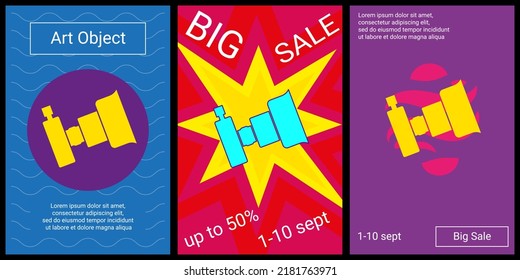 Trendy retro posters for organizing sales and other events. Large camera symbol in the center of each poster. Vector illustration on black background