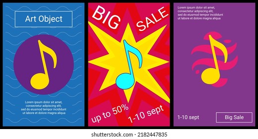 Trendy retro posters for organizing sales and other events. Large musical note symbol in the center of each poster. Vector illustration on black background