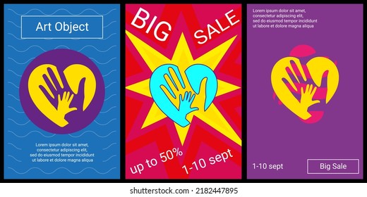 Trendy Retro Posters For Organizing Sales And Other Events. Large Mom With Baby Symbol In The Center Of Each Poster. Vector Illustration On Black Background