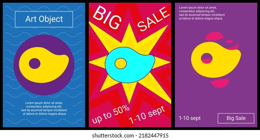 Trendy retro posters for organizing sales and other events. Large steak symbol in the center of each poster. Vector illustration on black background