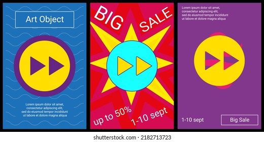 Trendy retro posters for organizing sales and other events. Large fast forward symbol in the center of each poster. Vector illustration on black background
