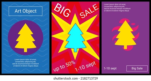 Trendy retro posters for organizing sales and other events. Large fir-tree symbol in the center of each poster. Vector illustration on black background
