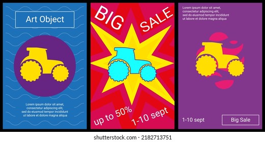 Trendy retro posters for organizing sales and other events. Large tractor symbol in the center of each poster. Vector illustration on black background