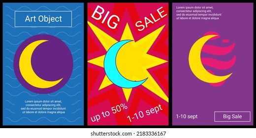 Trendy retro posters for organizing sales and other events. Large moon symbol in the center of each poster. Vector illustration on black background