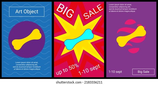 Trendy retro posters for organizing sales and other events. Large dog bone symbol in the center of each poster. Vector illustration on black background