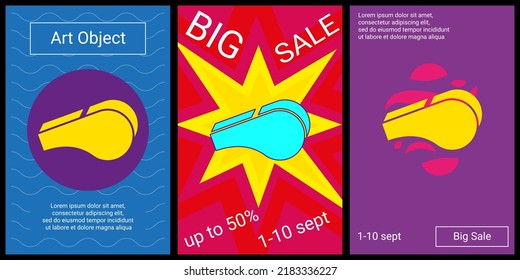 Trendy Retro Posters For Organizing Sales And Other Events. Large Sports Whistle Symbol In The Center Of Each Poster. Vector Illustration On Black Background