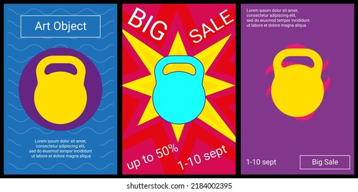 Trendy Retro Posters For Organizing Sales And Other Events. Large Sports Weight Symbol In The Center Of Each Poster. Vector Illustration On Black Background