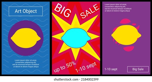 Trendy retro posters for organizing sales and other events. Large lemon symbol in the center of each poster. Vector illustration on black background