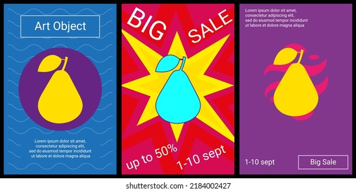 Trendy retro posters for organizing sales and other events. Large pear symbol in the center of each poster. Vector illustration on black background