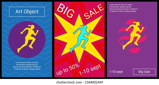 Trendy retro posters for organizing sales and other events. Large running woman symbol in the center of each poster. Vector illustration on black background