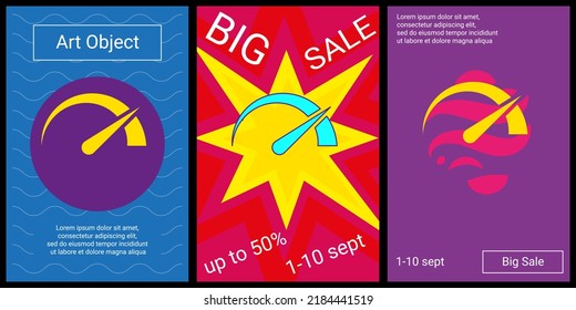 Trendy retro posters for organizing sales and other events. Large tachometer symbol in the center of each poster. Vector illustration on black background