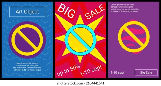 Trendy retro posters for organizing sales and other events. Large stop symbol in the center of each poster. Vector illustration on black background