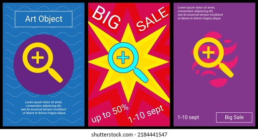 Trendy Retro Posters For Organizing Sales And Other Events. Large Zoom In Symbol In The Center Of Each Poster. Vector Illustration On Black Background