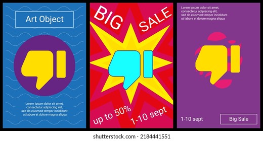 Trendy retro posters for organizing sales and other events. Large thumb down symbol in the center of each poster. Vector illustration on black background