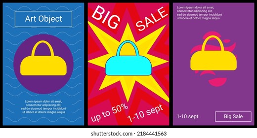 Trendy Retro Posters For Organizing Sales And Other Events. Large Sports Bag Symbol In The Center Of Each Poster. Vector Illustration On Black Background