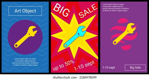 Trendy retro posters for organizing sales and other events. Large adjustable wrench symbol in the center of each poster. Vector illustration on black background