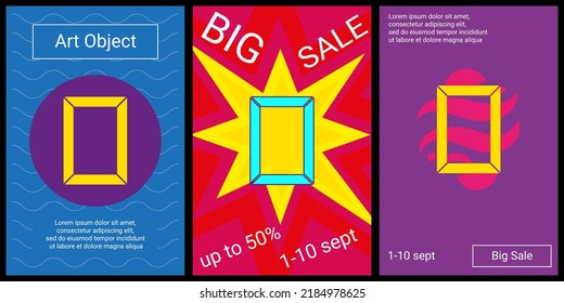Trendy retro posters for organizing sales and other events. Large photo frame symbol in the center of each poster. Vector illustration on black background