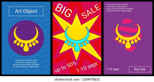 Trendy retro posters for organizing sales and other events. Large necklace symbol in the center of each poster. Vector illustration on black background