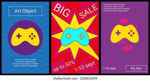 Trendy retro posters for organizing sales and other events. Large joystick symbol in the center of each poster. Vector illustration on black background