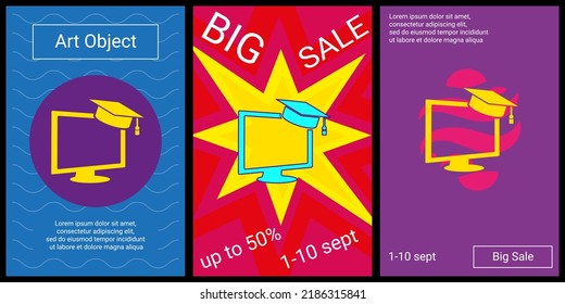Trendy retro posters for organizing sales and other events. Large distance learning symbol in the center of each poster. Vector illustration on black background