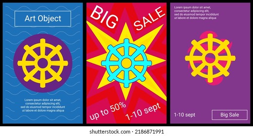 Trendy retro posters for organizing sales and other events. Large wheel symbol in the center of each poster. Vector illustration on black background