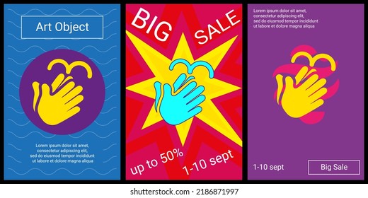 Trendy retro posters for organizing sales and other events. Large washing hands symbol in the center of each poster. Vector illustration on black background